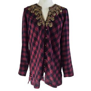 Soft Surroundings Webster Plaid Burgundy Black Beaded Sequin Neck Tunic